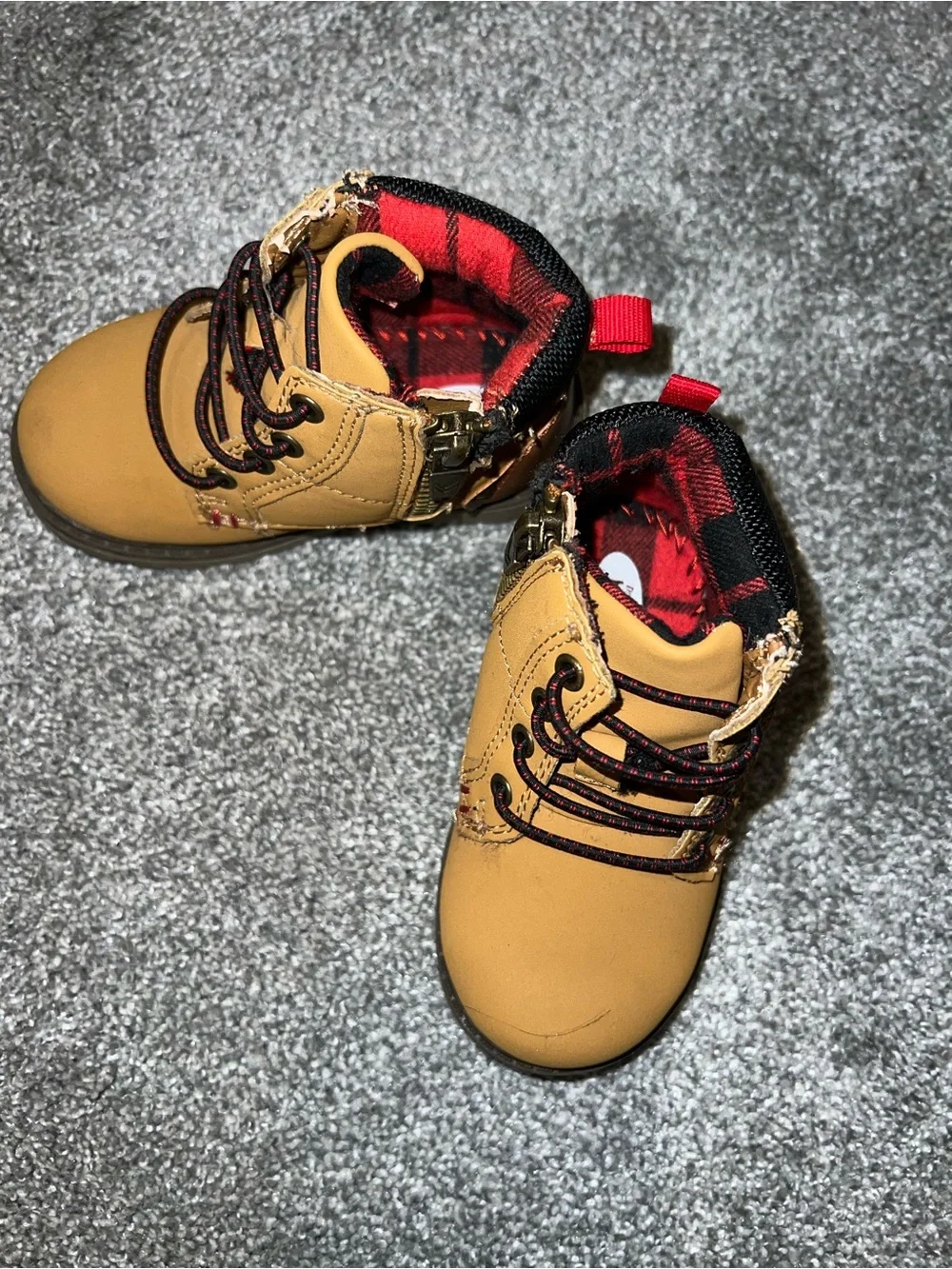 Kids Tan Lace-Up Outdoor Boots with Plaid Lining